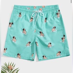 SHEIN Men’s Pug Surfing Swim Shorts - Turquoise/Mint Green - L